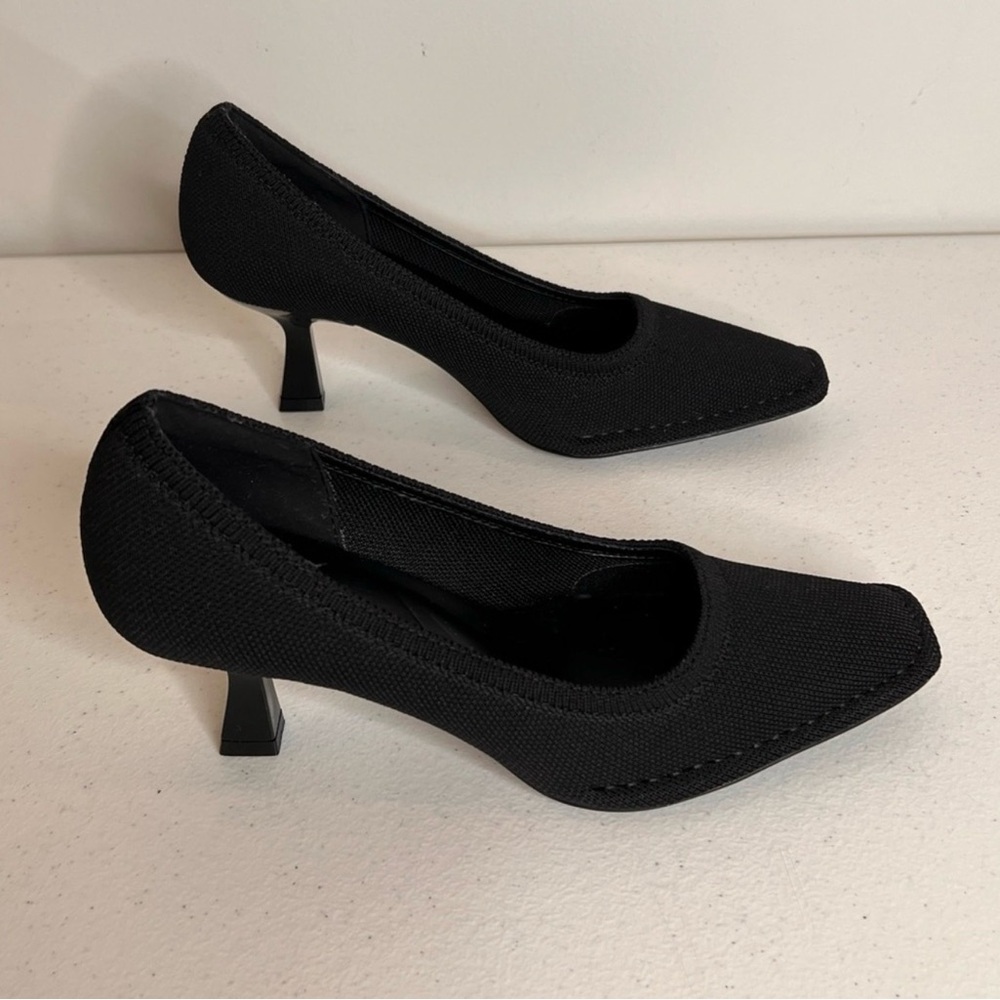 Cosy Island Black RefinEdge Square Toe Heeled Pumps Stiletto Knit Women Size 7.5 - Picture 2 of 4